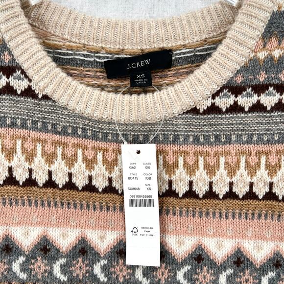 J CREW Fair Isle Cropped Crewneck Sweater Womens XS Cream Gray Brown Wool Blend - Picture 11 of 14